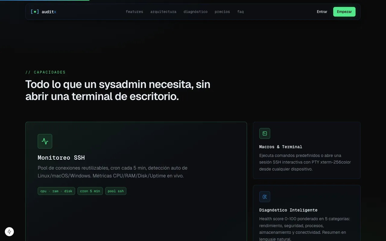 Sección de capacidades con las tarjetas Monitoreo SSH, Macros y Terminal, y Diagnóstico Inteligente.