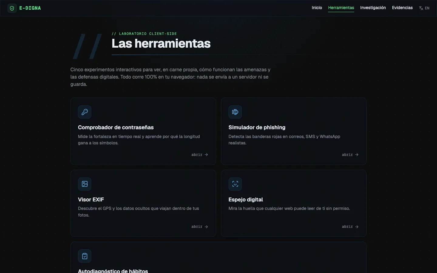 Índice de las cinco herramientas — comprobador de contraseñas, simulador de phishing, visor EXIF, espejo digital y autodiagnóstico.