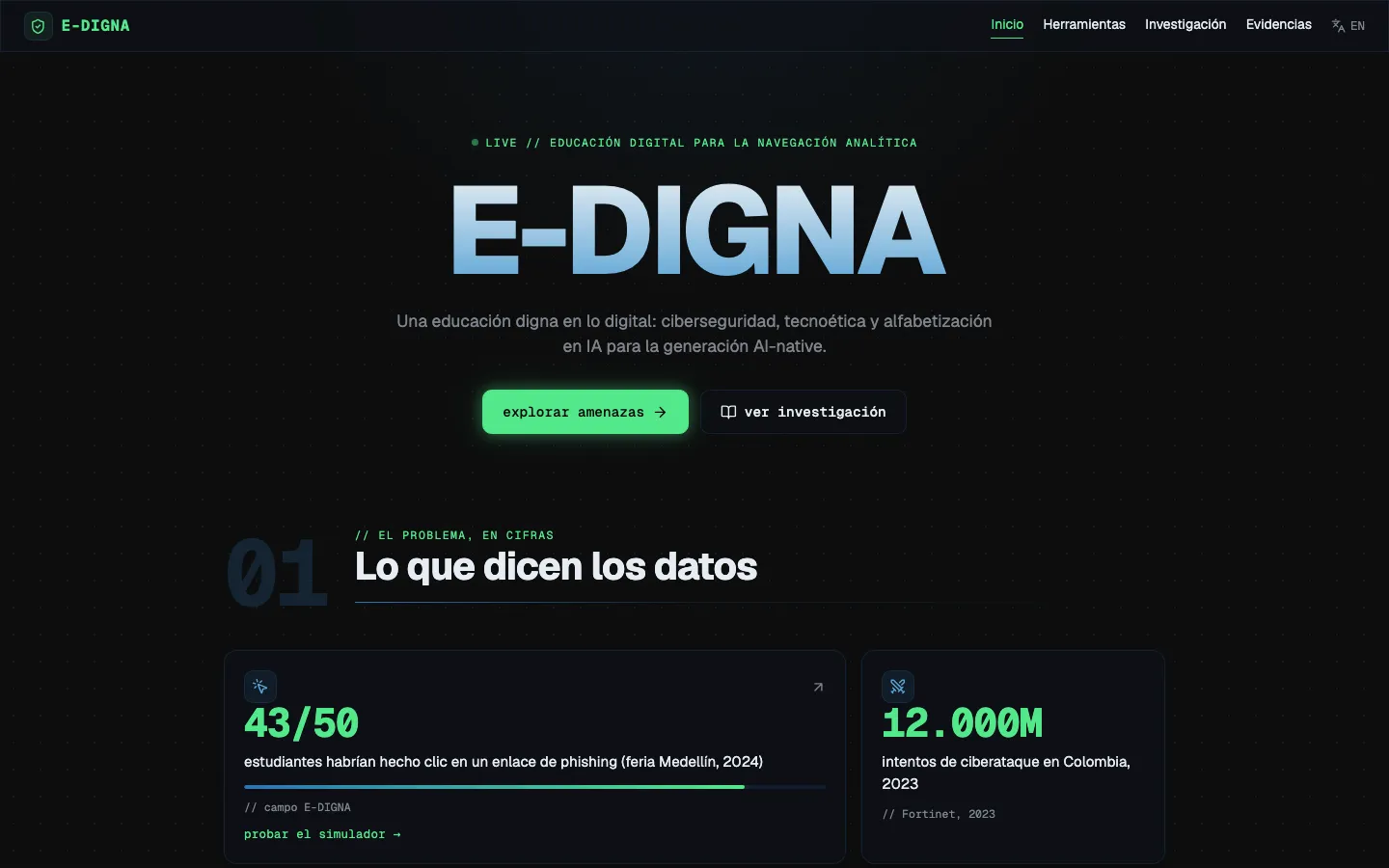 E-DIGNA — Educación digital para la navegación analítica — investigación nacional + 5 herramientas interactivas.