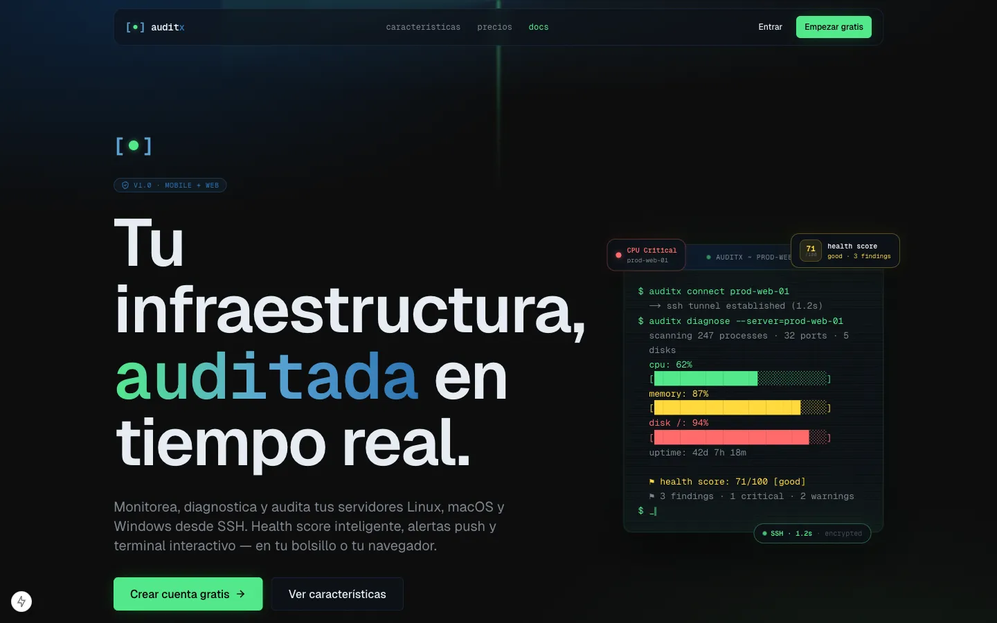 AuditX — Auditoría y monitoreo de servidores por SSH, sin instalar agentes — Android nativo, dashboard web y API pública.