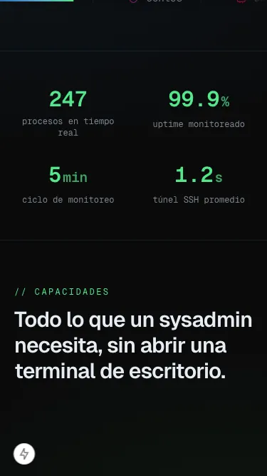 Franja de métricas en móvil — 247 procesos, 99,9 % de uptime, ciclo de 5 minutos, túnel SSH de 1,2 s.