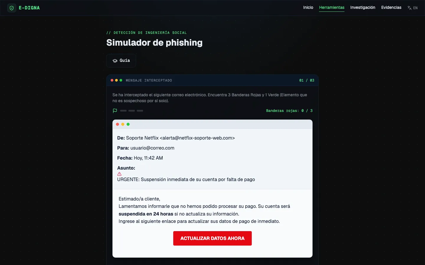 Simulador de phishing con un correo falso de soporte y un contador de banderas rojas encontradas.
